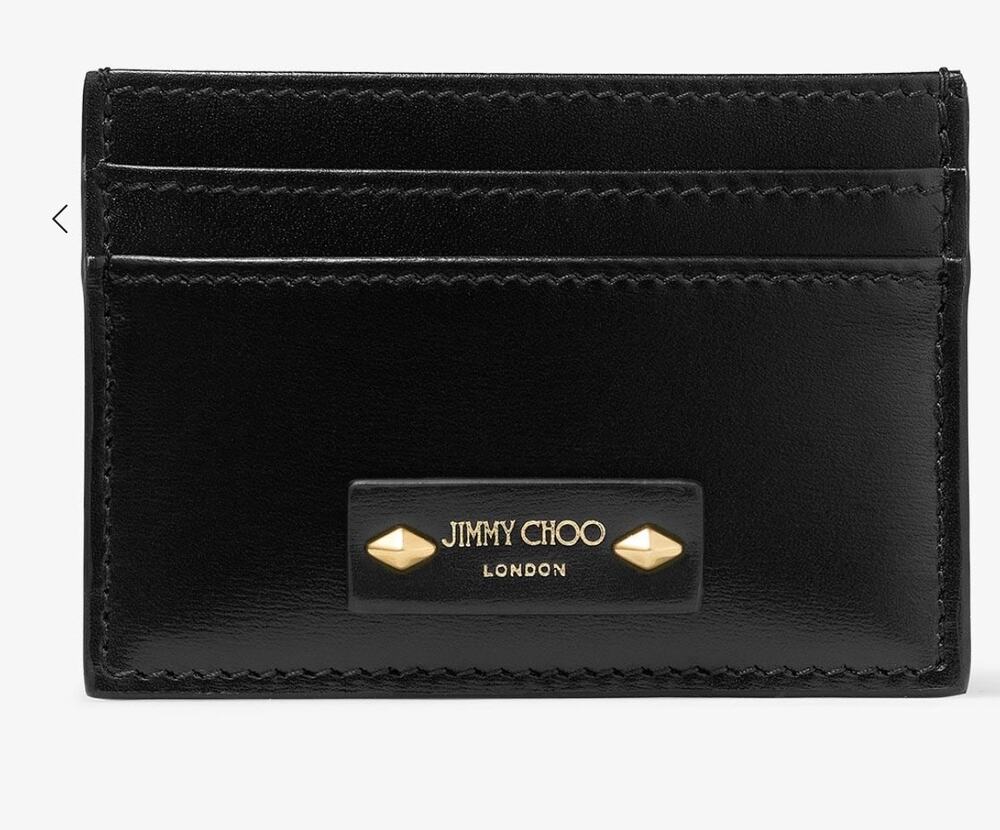 Jimmy Choo Umika Black Leather Card Holder Gold Diamond Studs Italy Designer